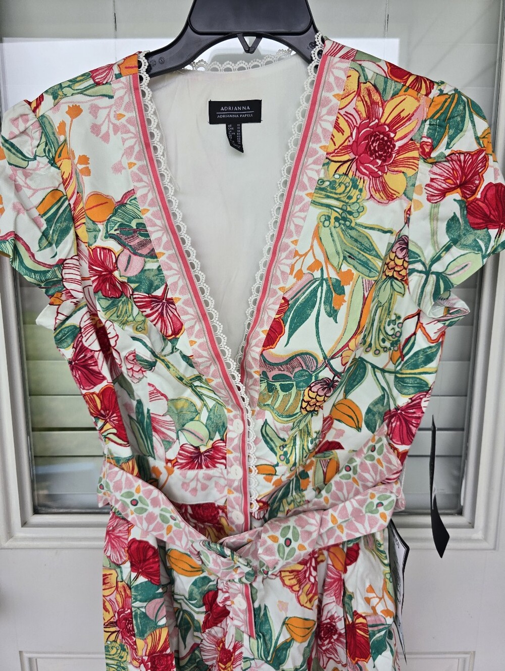 Adrianna Papell Women Floral Printed Romper Sz 10 Pink Green Lace Trim Belted - Picture 7 of 15